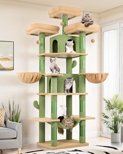 Globlazer Big Cat Tower for Indoor Cats, 80inch Cat Tower for Multiple Adult Cats XXL Cat Tree with Scratching Post, Hammock, 3 Perches, 2 Condos, 2 Hanging Basket, F80, Light Grey