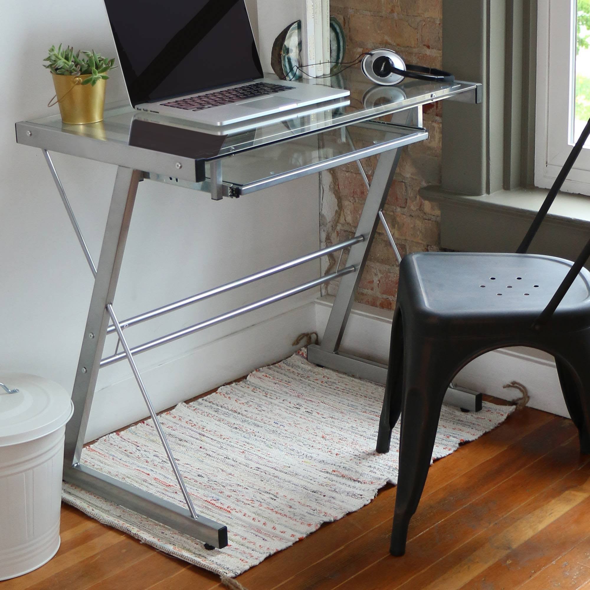 Glass Computer Desk with Keyboard Tray Silver - Saracina Home