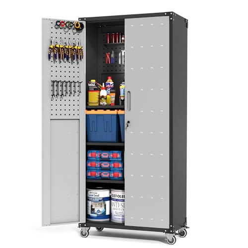 Metal Storage Cabinet with Wheels, Lockable Garage Cabinet with Doors and Shelves, Rolling Tool Storage, Assembly Required, Black