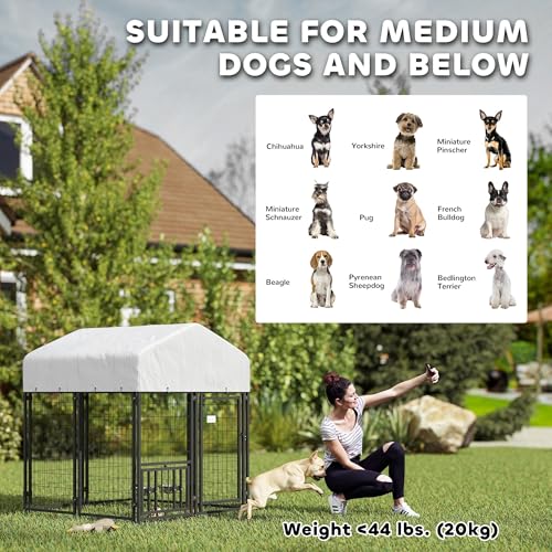 PawHut 4.6' x 4.6' x 5' Dog Kennel Outside, Welded Wire Outdoor Dog Kennel Run with Waterproof & UV Resistant Cover, for S&M Breeds, Chickens, Ducks, Black