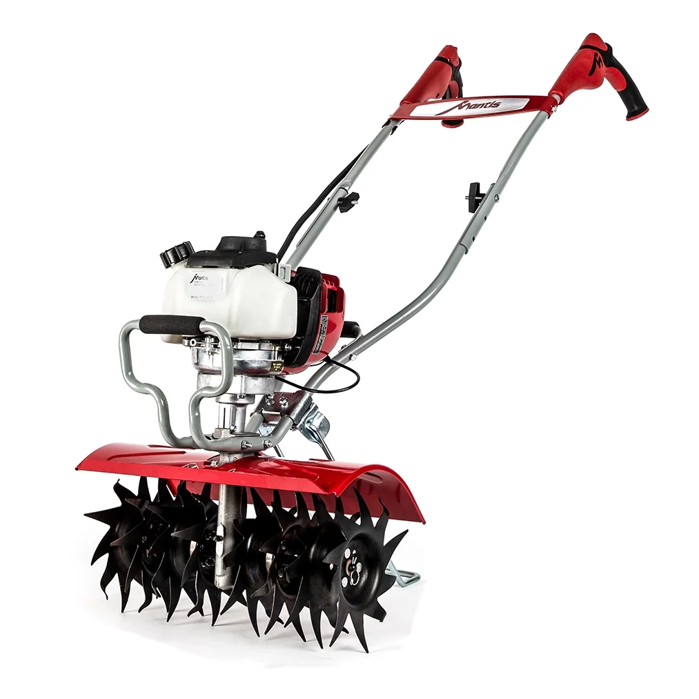 Heavy Duty Mantis Tiller and Cultivator, 4-cycle gas powered 35cc Honda Engine, Easy start, variable speed, Garden tiller, 16" width and 10" tilling depth, kickstand, model 7566a