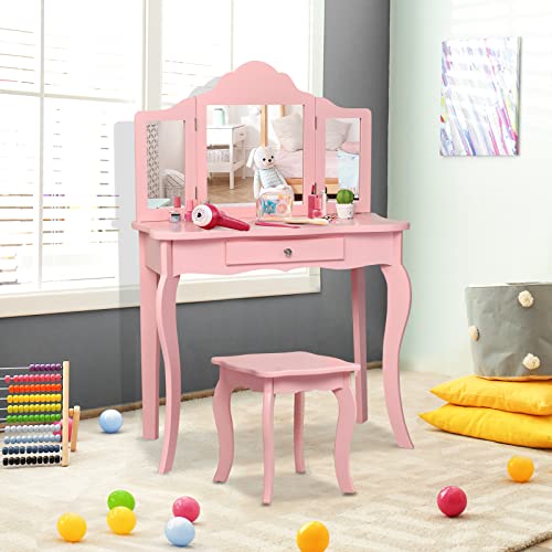 HONEY JOY Kids Vanity Set with Mirror, 2-in-1 Wooden Toddler Vanity Table with Stool, Tri-Folding Mirror & Drawer, Removable Top, Princess Pretend Play Beauty Makeup Vanity for Little Girls (White)