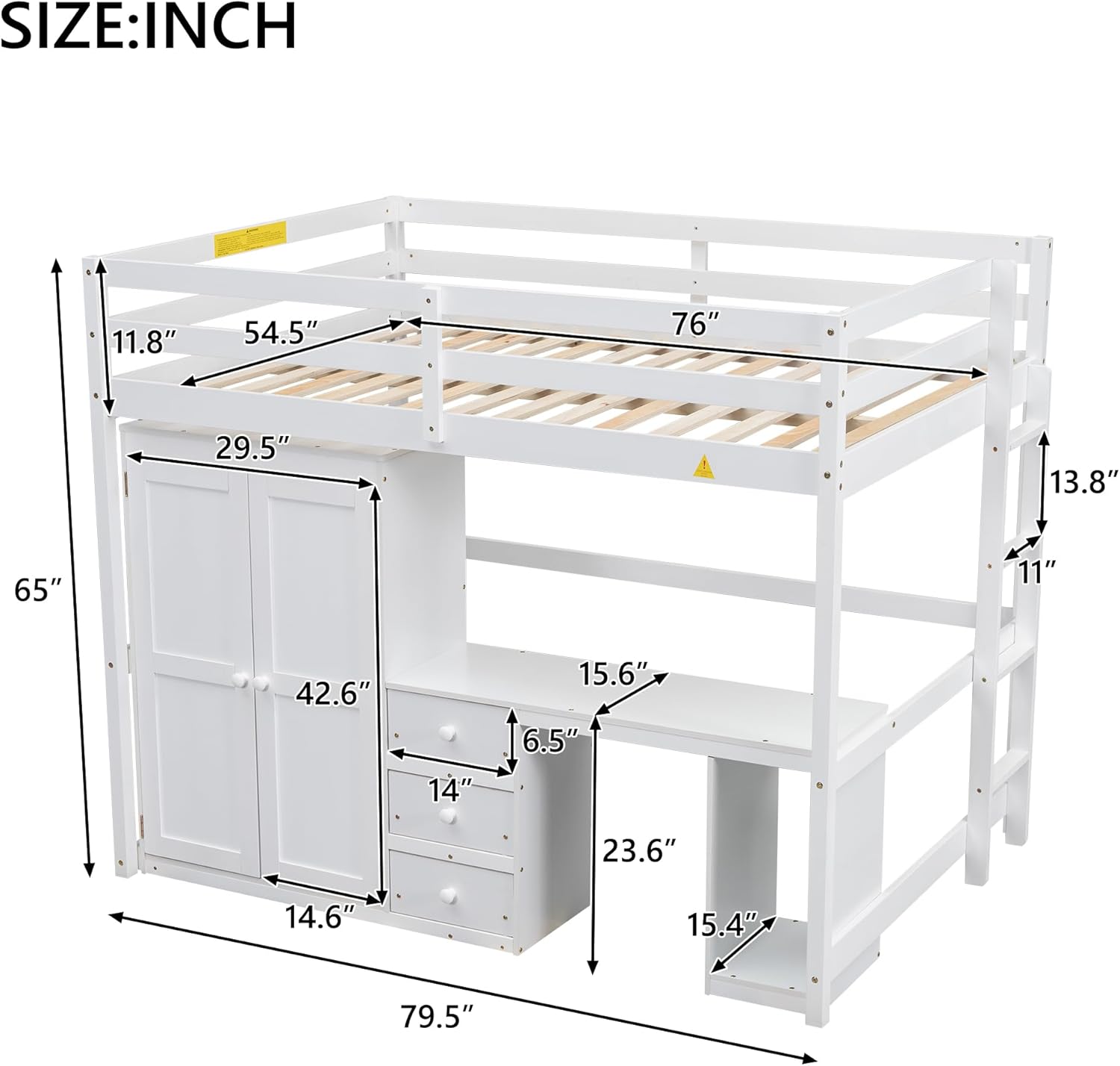 Full Size Loft Bed with Desk & 3 Storage Drawers & Wardrobe Design for Kids Bedroom,Solid Wood Bedframe w/Ladder & Safety Guardrails,No Box Spring Needed & Super Save Space, White