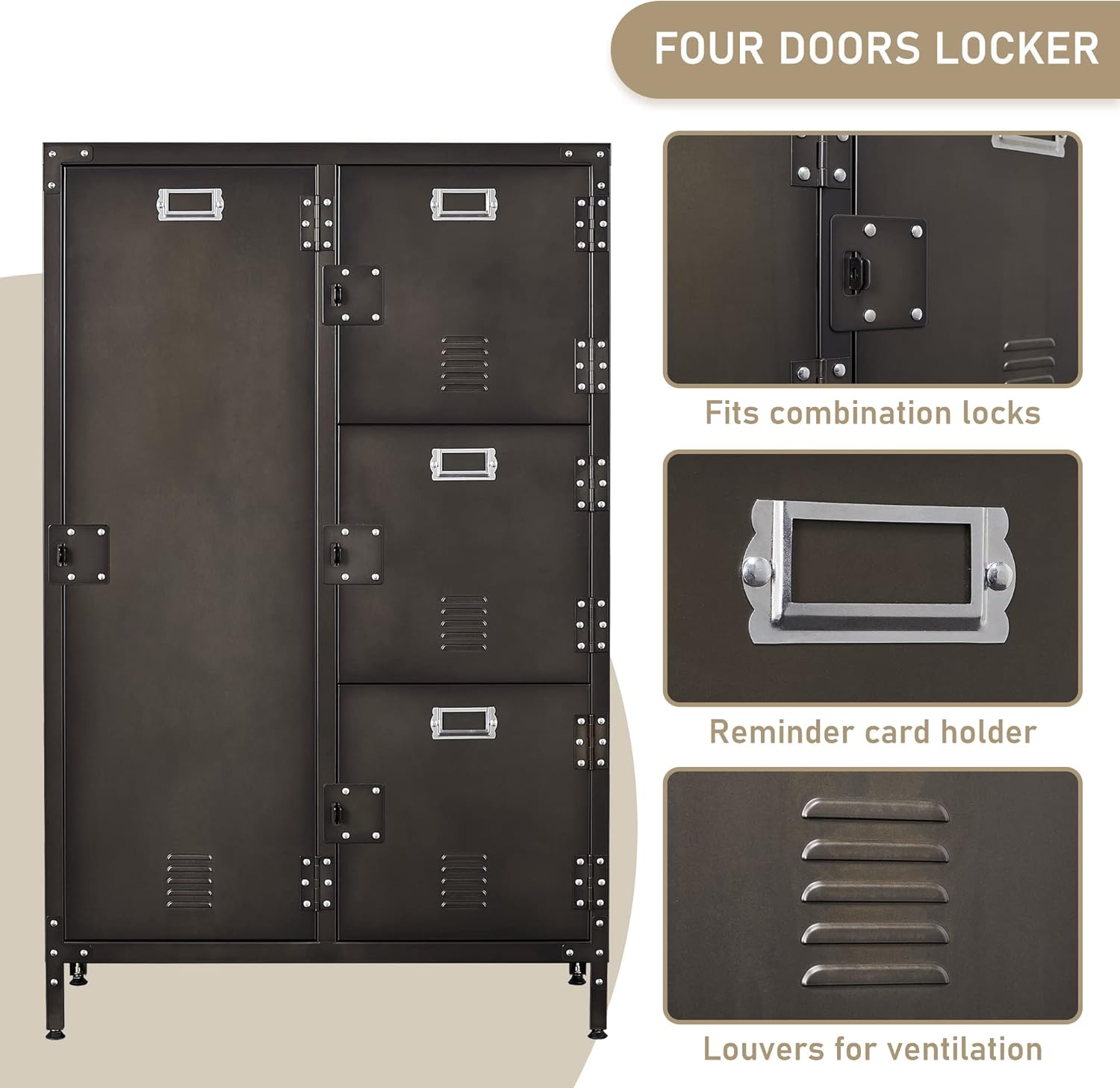 Metal Storage Cabinet, Storage Locker Employees Locker with 4 Doors, 55" Height Steel Cabinet with Lockable Doors, Storage Cabinet with Adjustable Feet for Home Office Gym.