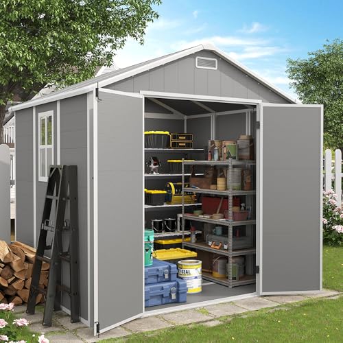Outdoor Storage Shed, 6x6 FT Resin Shed with Floor and Lockable Door, Window, Vents, Tool Sheds and Outdoor Storage for Bike, Garden Accessories, Tools, Waterproof (Grey & White)