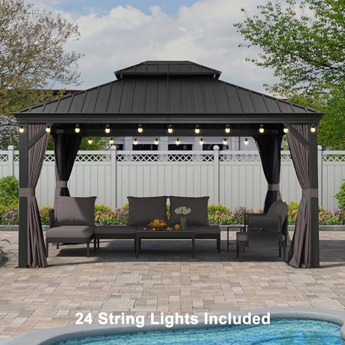 PURPLE LEAF 10' X 14' Permanent Hardtop Gazebo Aluminum Gazebo with Galvanized Steel Double Roof for Patio Lawn and Garden, Curtains and Netting Included, Grey