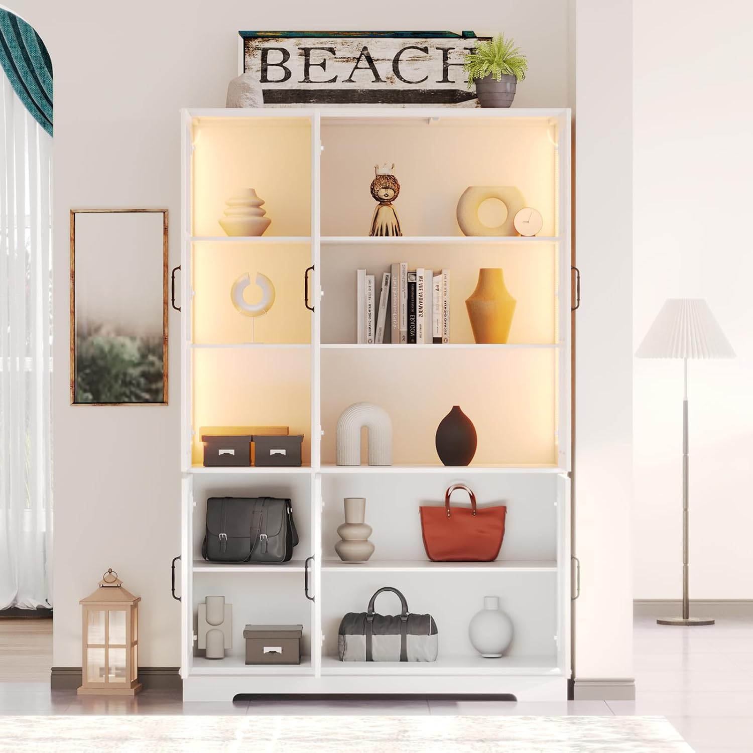 AMERLIFE 71" Tall Storage Cabinet with LED Lights, 5 Tier Large Modern Wood Kitchen Pantry with Acrylic Glass Doors & Shelves, Display Cabinet for Living Room, Dining Room, Bathroom, 6 Doors White