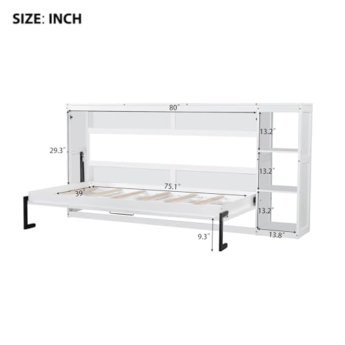 Wooden Murphy Cabinet Bed Frame with Charging Station, Full-Size Foldable Wall Bed with Large Storage Drawer for Home Apartment Limited Living Places, Space-Saving Hidden Bed No Box Spring Needed