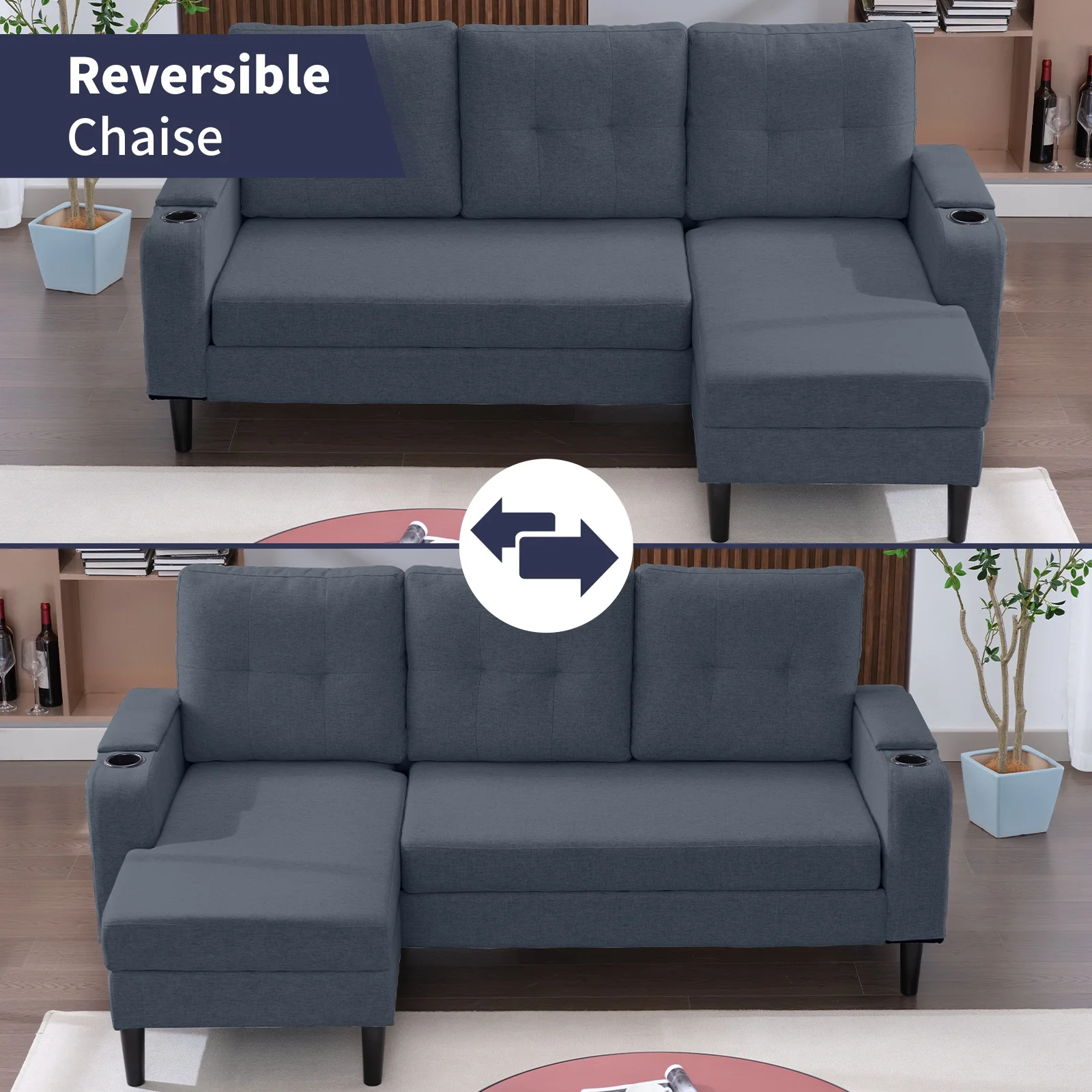 ijuicy Pull Out Sofa Bed, 3-Seat Pull Out Couch Bed with Linen Upholstered, 80” Sleeper Sofa with Storage Armrest & Cupholders, L-Shape Sectional Sleeper Sofa for Living Room, Apartment Dark Grey