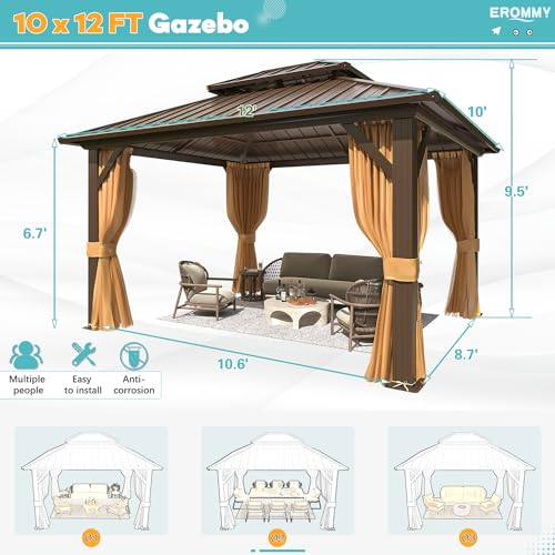 EROMMY 14'x20' Hardtop Gazebo Double Roof Galvanized Steel Canopy Outdoor Aluminum Frame Permanent Metal Pavilion with Netting and Curtains for Patio Backyard Deck and Lawns