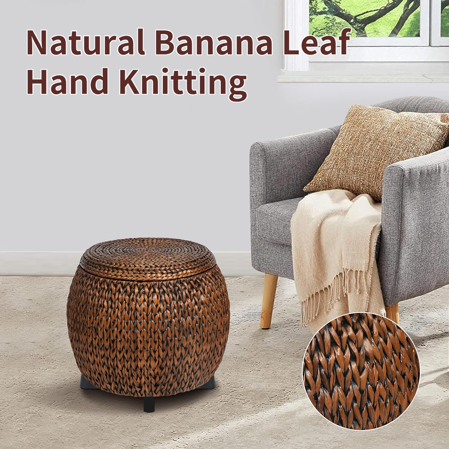 Round Sides Storage Ottoman Coffee Table,Ratten Swiveling Ottoman Bench, Bed Storage Trunk, Storage Basket,Side Table with Banana Leaf for Living Room,Hand Woven,Golden