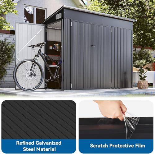 8'x4' Shed Galvanized Steel Storage Sheds with Triple Doors Weatherproof Outdoor Utility Sheds, Dual Lock Lean to Shed with Sloped Roof for Mower, Bike, Generator, Garden Tools (Black)