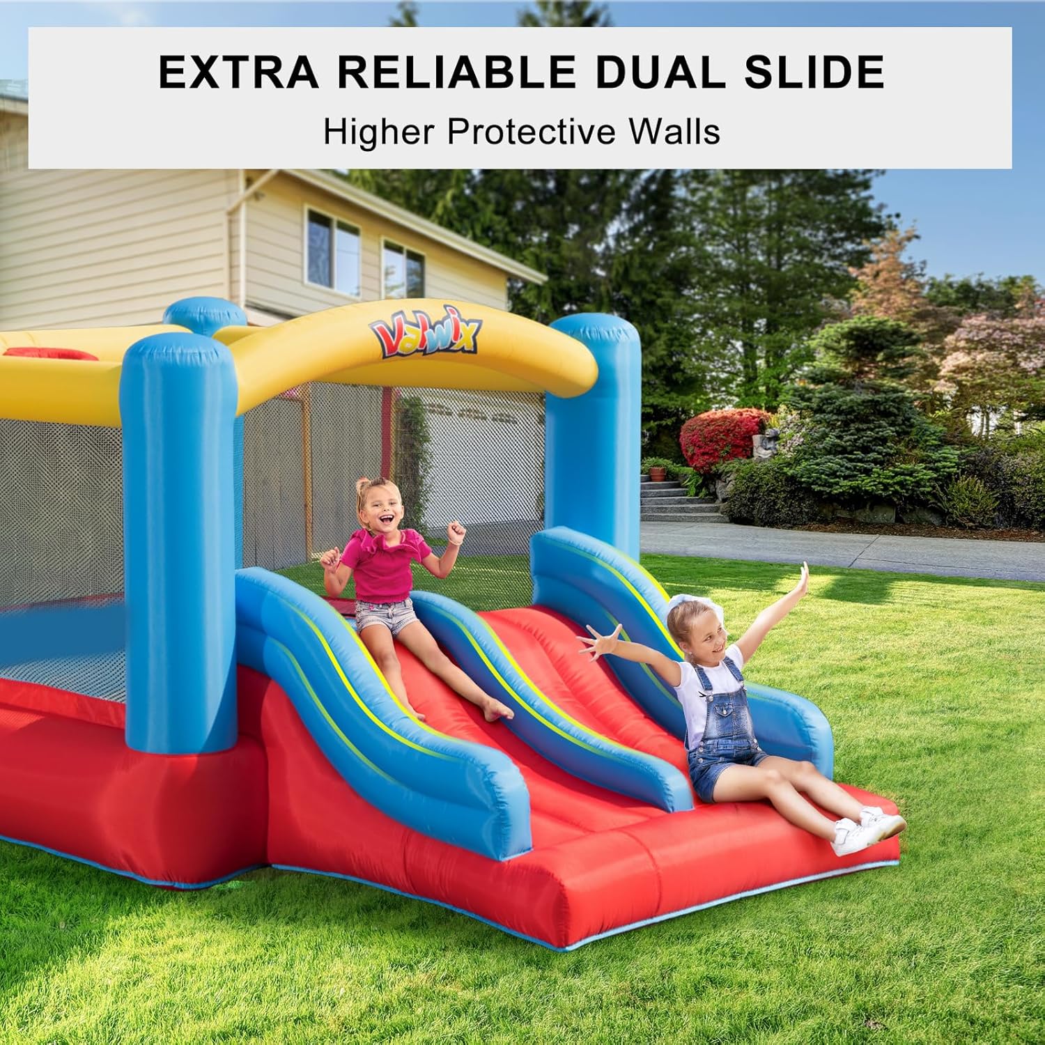 Valwix Bounce House, Inflatable Bouncer with Blower for Kids 3-10, Indoor Outdoor Bouncy Castle Double Slide, Large Bounce Area w/Basketball Hoop, 300 LBS Capacity