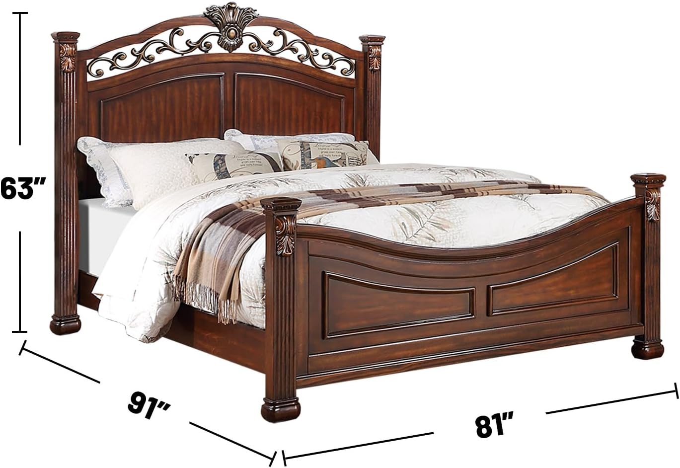 Wooden California King Bed with Crafted Headboard in Dark Cherry