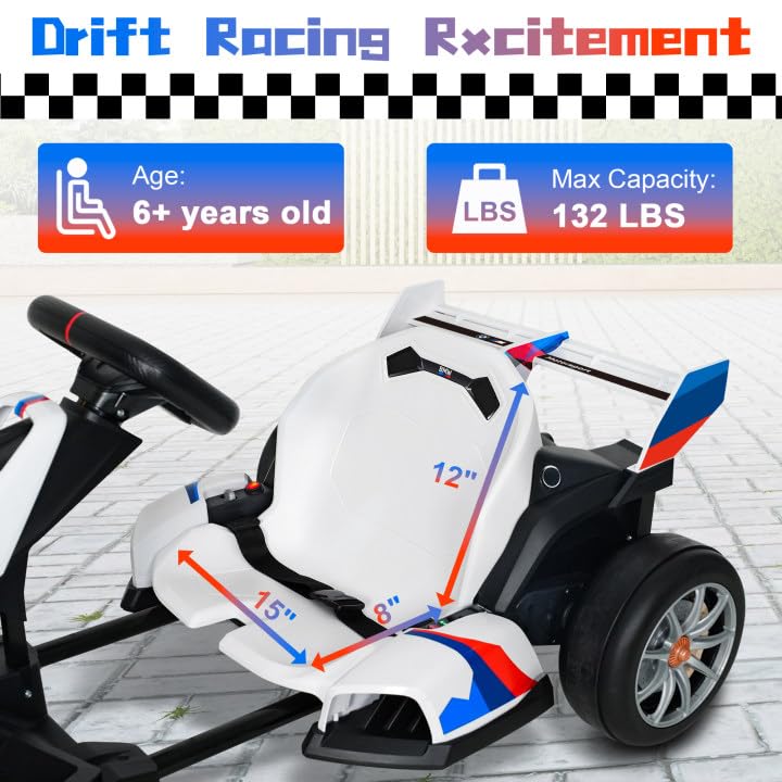 Licensed BMW Electric Go Kart for Kids Ages 6-12, 24V 9AH Drift Kart with Two 200W Motors, LED Lights, Drift Mode& 2 Speed Modes, Adjustable Seat (White)