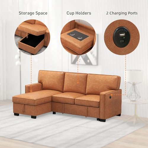 Convertible Sleeper Sofa 3 in 1, Chenille Modern L-Shaped Couches for Living Room, Pull Out Sectional Futon Sofa Bed with Storage Space, USB Ports and Cup Holders for Bedroom, Grey