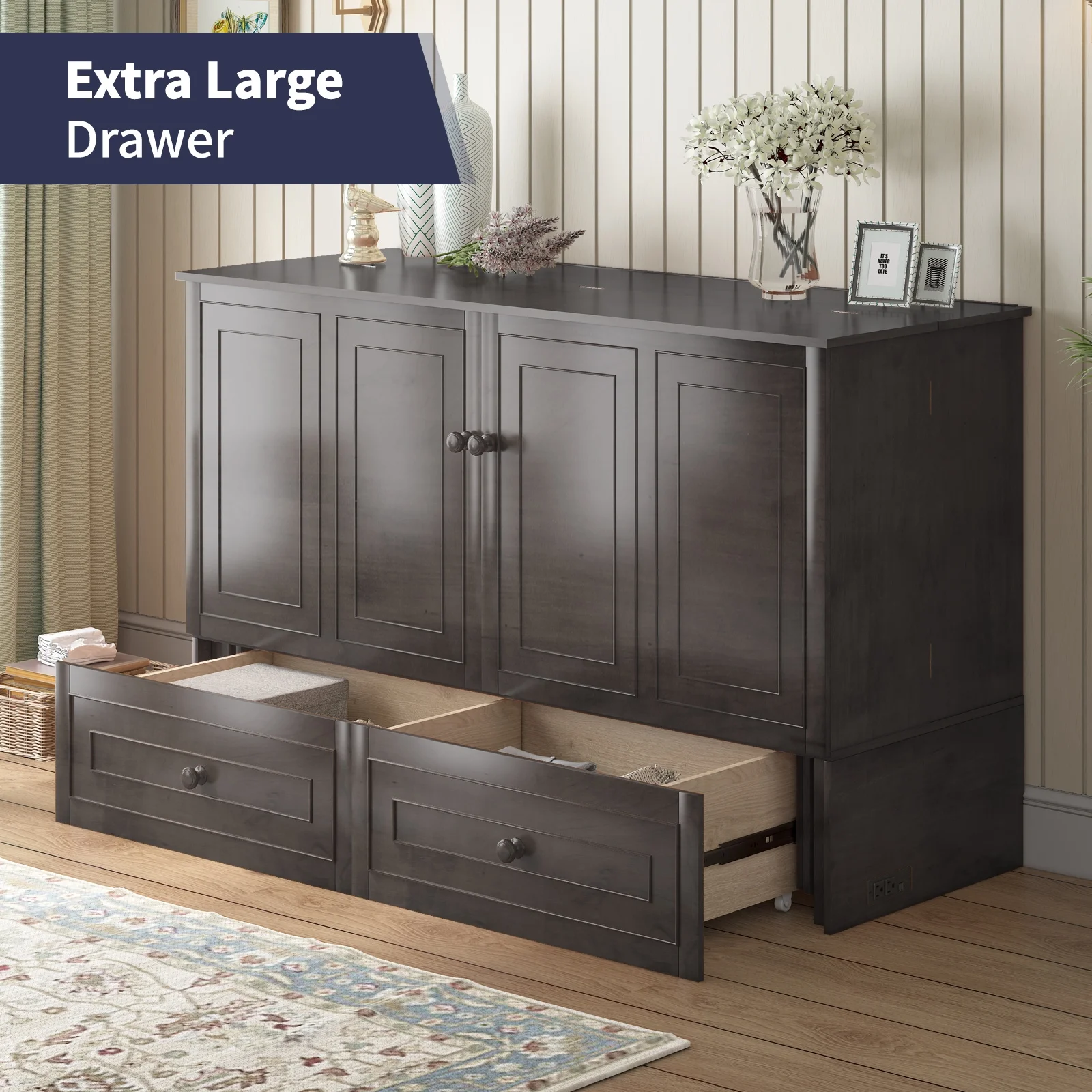 ijuicy Queen Size Murphy Bed Cabinet with Built-in Charging Station and Storage Drawer, Solid Wood Cabinet Bed Queen Size with Mattress, Murphy Cube Chest Bed for Guest Room, Home, Office- Grey