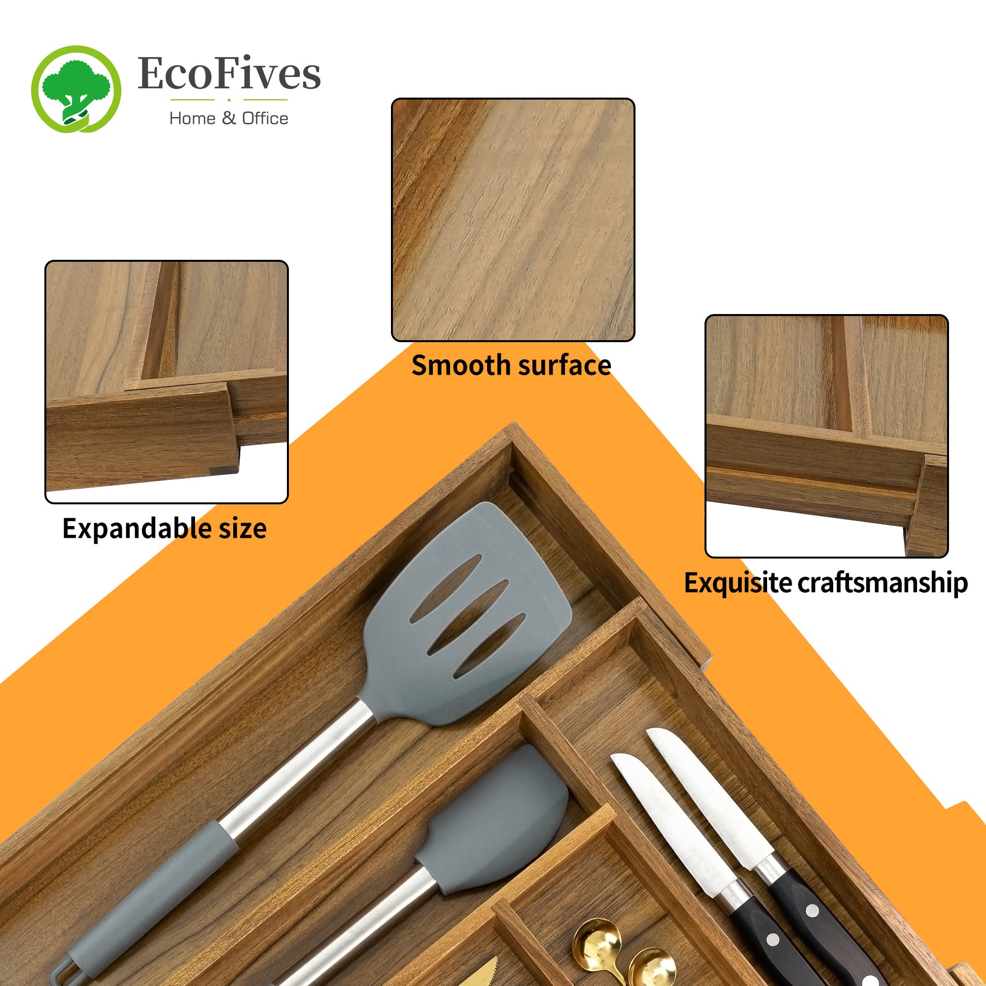 Acacia Cutlery Tray Organizer, Adjustable Kitchen Drawer Divider for Flatware, 8 Compartment Utensil Holder, Fits Standard Drawers, Multipurpose Storage, Brown