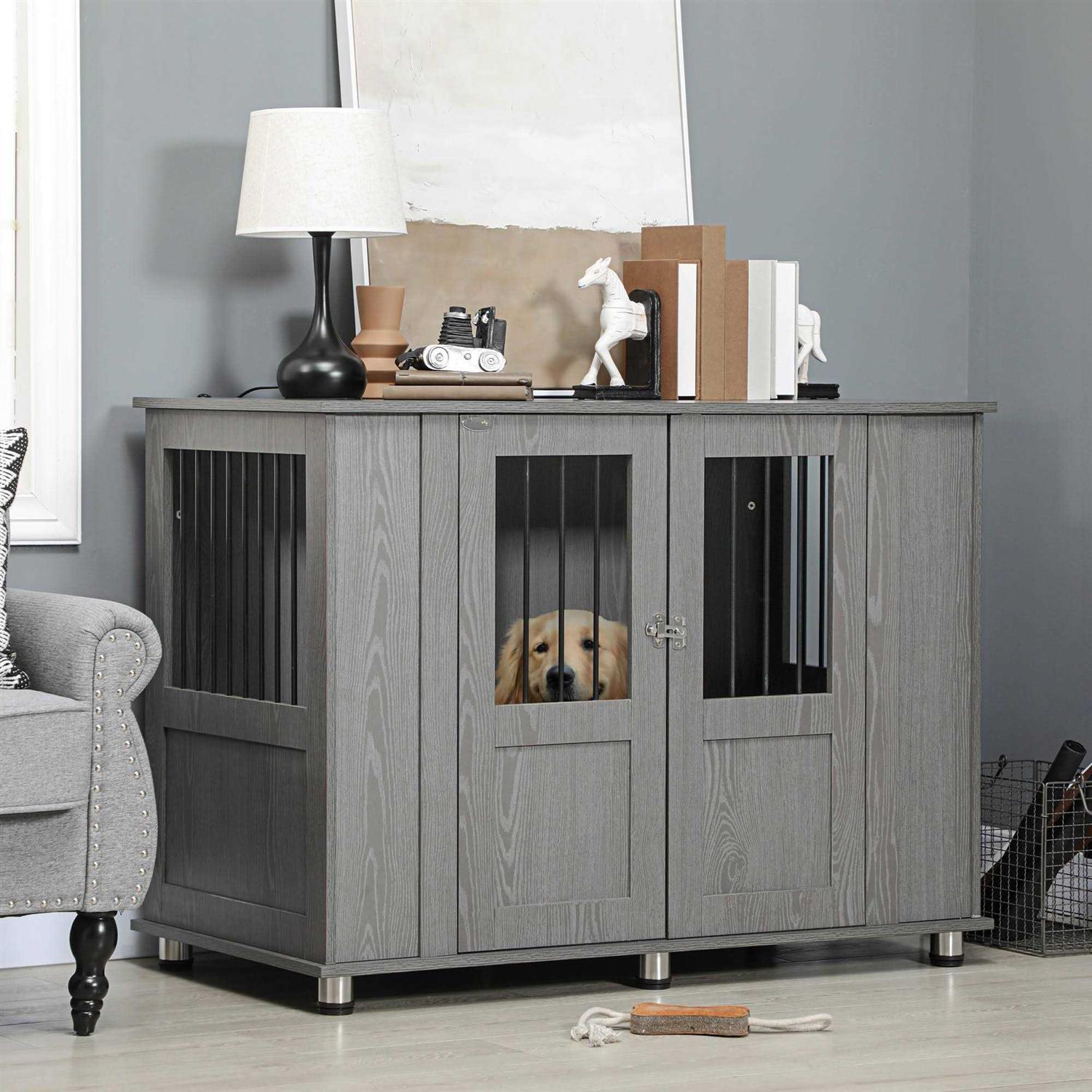 PawHut Dog Crate Furniture Wooden End Table Furniture with Lockable Magnetic Doors - Pet Supplies online store