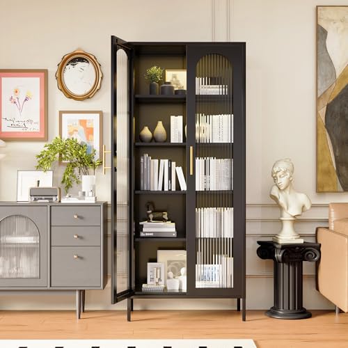 71” Tall Curio Cabinet, Display Cabinet with Glass Doors and Lights, Metal Kitchen Pantry Cabinet, Hutch Cabinet with Adjustable Shelves, China Cabinet for Dining Room, Living Room, Black