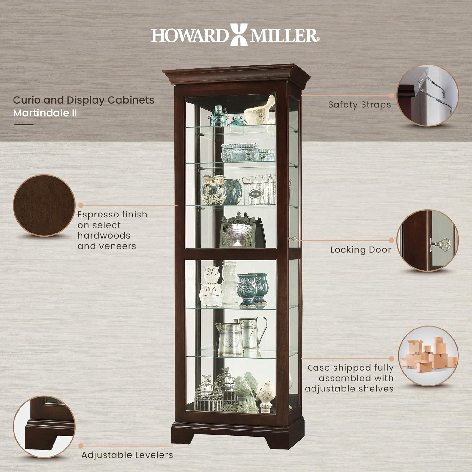Howard Miller Martindale II Curio Cabinet 680-577 – Espresso Finish Home Decor, Six Shelves, Seven Level Display Case, Locking Slide Door, Halogen Light Switch