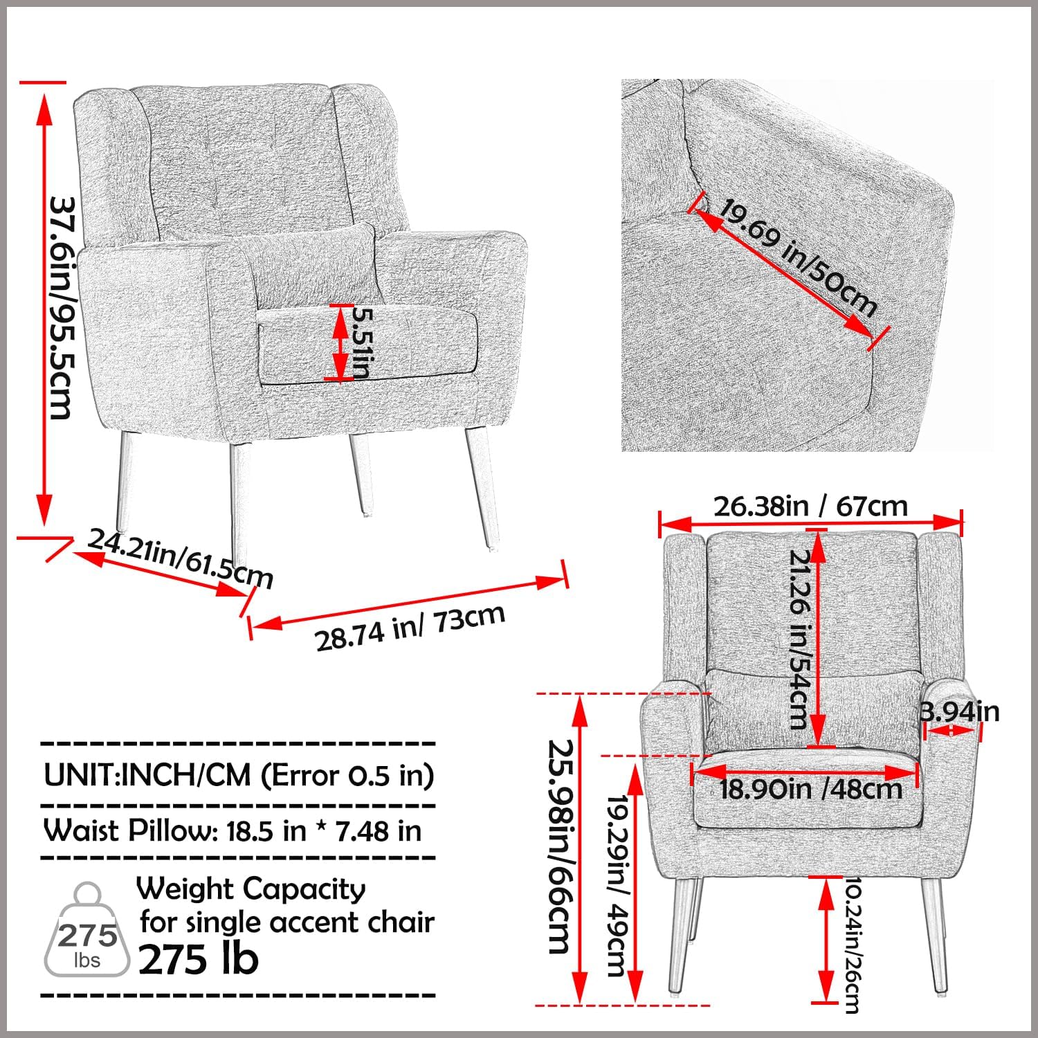Modern Accent Chair,Chenille Arm Chairs for Living Room,Upholstered Mordern Armchair,Comfy Soft Padded Lounge Chair in Small Space, Bedroom, w/Pillow, Solid Wood Leg