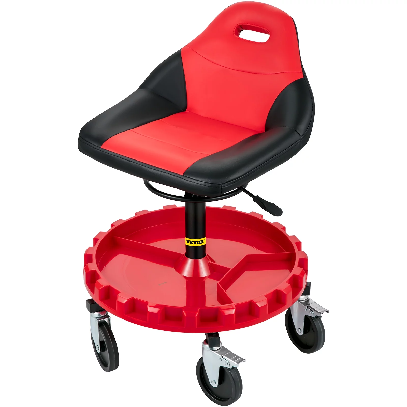 VEVOR Rolling Garage Stool, 300lbs Capacity, Adjustable Height from 21 in to 26 in, Mechanic Seat with 360-degree Swivel Wheels and Tool Tray, for Workshop, Auto Repair Shop, Red