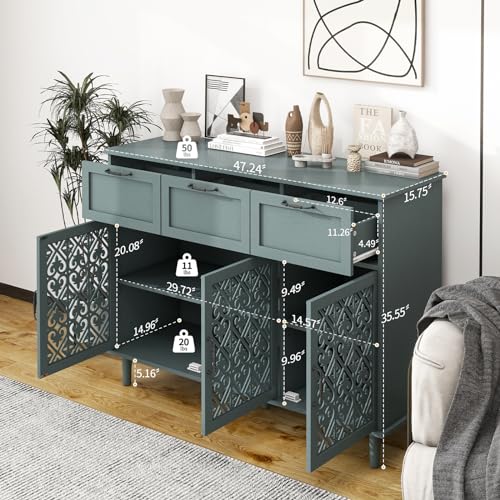 Sideboard Buffet Cabinet with Storage - Accent Storage Cabinet American Furniture, Modern 2 Door 3 Drawer Cabinet, Farmhouse Wood Credenza for Living Room, Bedroom, Dining Room (Blue)
