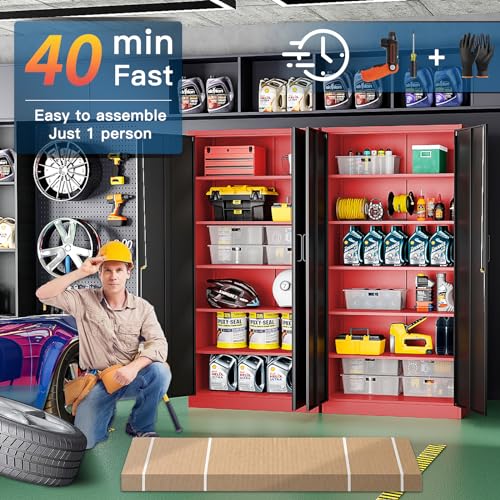Yizosh Metal Garage Storage Cabinet with 2 Doors and 5 Adjustable Shelves - 71" Steel Lockable File Cabinet,Locking Tool Cabinets for Office,Home,Garage,Gym,School (Gray White)