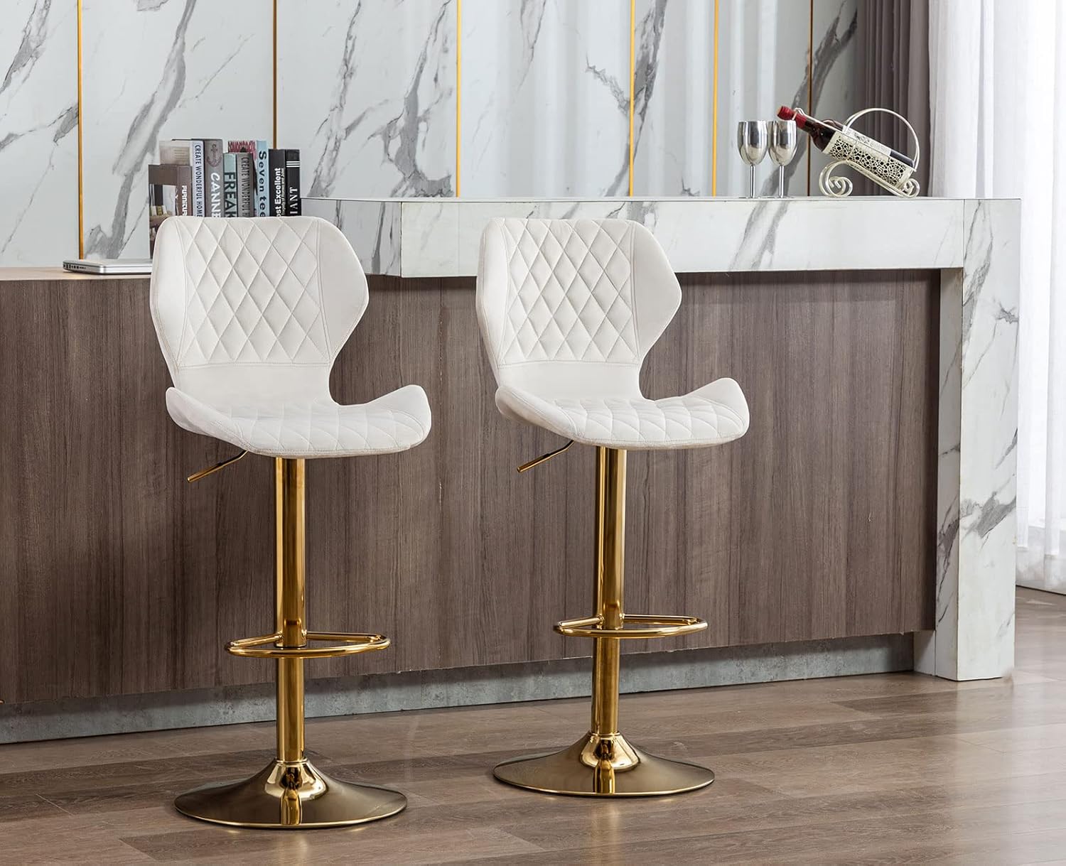 Lei Yu Adjustable Bar Stools Set of 4 Modern Velvet Swivel Bar Stools with Gold Stable Metal Frame Padded Island Chairs with Back and Footrest for Kitchen Island/Living Room/Pub/Coffee/Shop, Cream