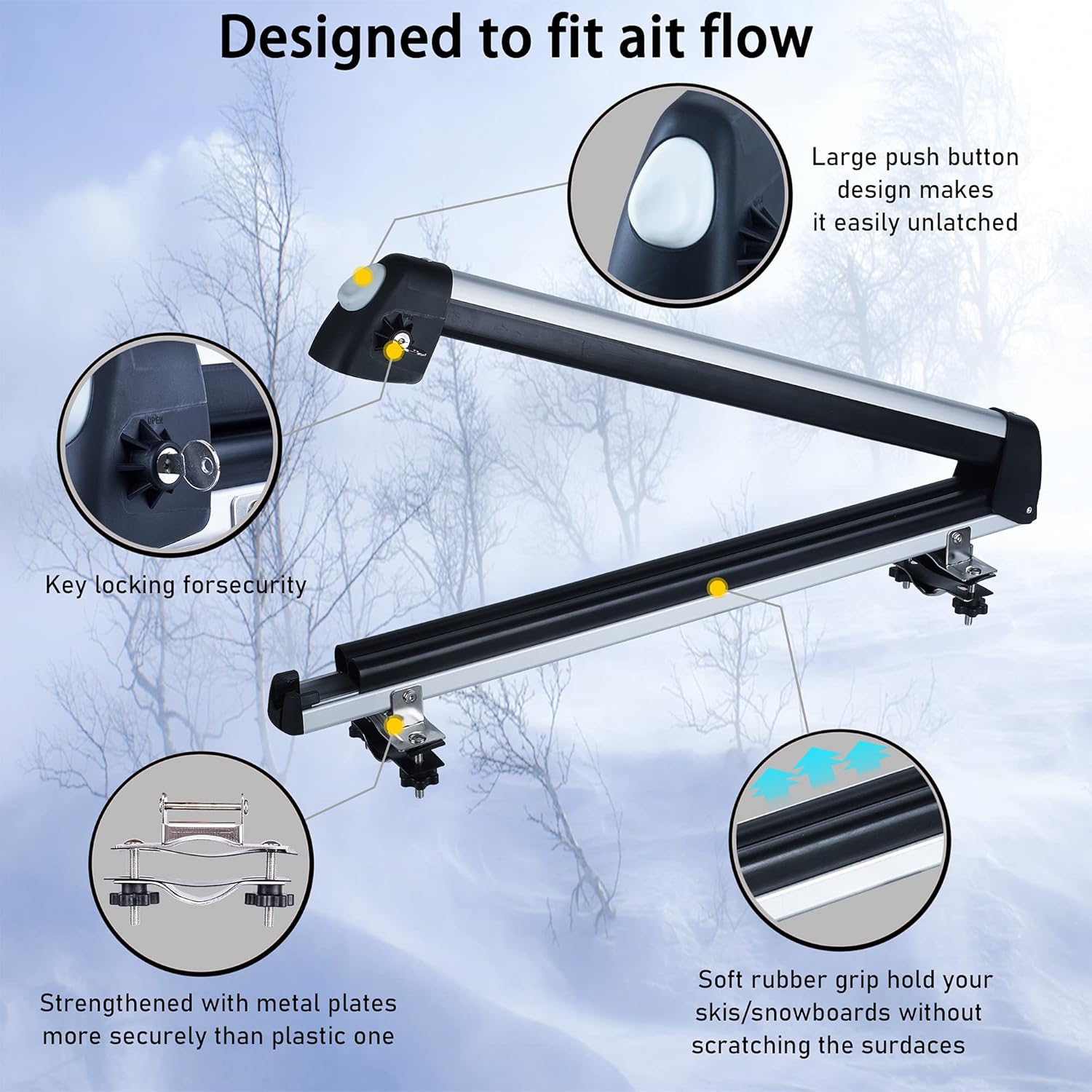 GPT RACK 33'' Ski & Snowboard Racks, Aluminum Universal Ski Roof Rack Fits for 6 Pairs of Skis Or 4 Snowboards, Ski Roof Carrier Fits for Most Vehicles Equipped Crossbars