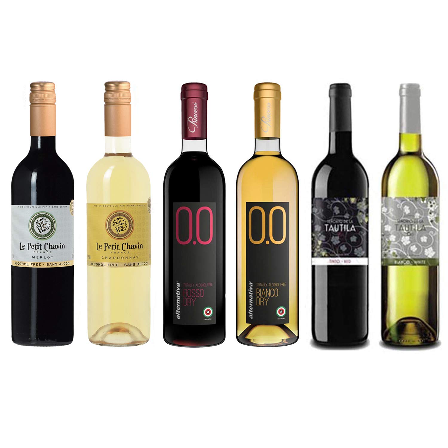 Halal Certified Alcohol-Free Red/White Wine Sampler - Six (6) Bottles 750ml Each - Le Petit Merlot, Le Petit Chardonnay, Rosso Dry, Bianco Dry, Tautila Tinto, and Tautila Blanco (France, Italy, Spain)