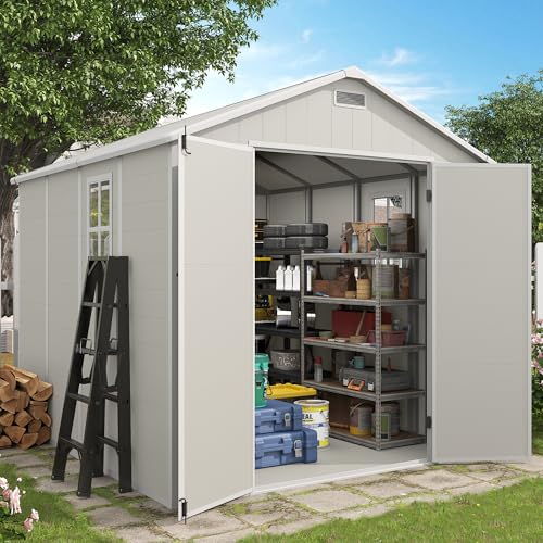 Outdoor Storage Shed, 6x6 FT Resin Shed with Floor and Lockable Door, Window, Vents, Tool Sheds and Outdoor Storage for Bike, Garden Accessories, Tools, Waterproof (Grey & White)