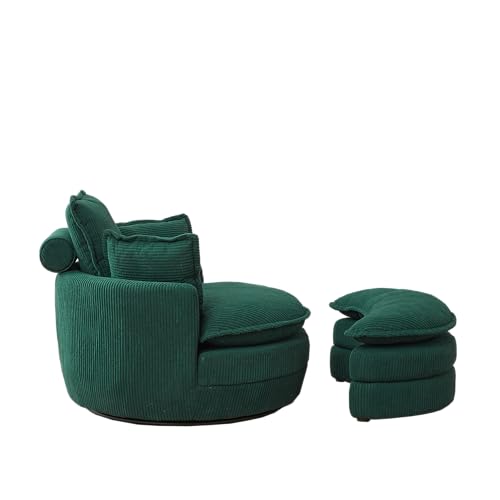 360°Swivel Accent Barrel Chair with Storage Ottoman Set, Modern Oversized Reading Armchair with Armrest Tray and Adjustable Headrest, Comfy Corduroy Chaise Lounge Couches for Living Room Hotel Club