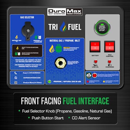 DuroMax XP13000HXT 13,000-Watt 500cc Tri Fuel Gas Propane Natural Gas Portable Generator with CO Alert, Black/Blue