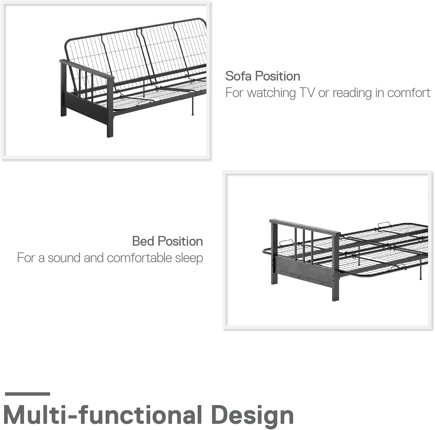 REALROOMS Bretta Contemporary Black Metal Arm Futon Frame