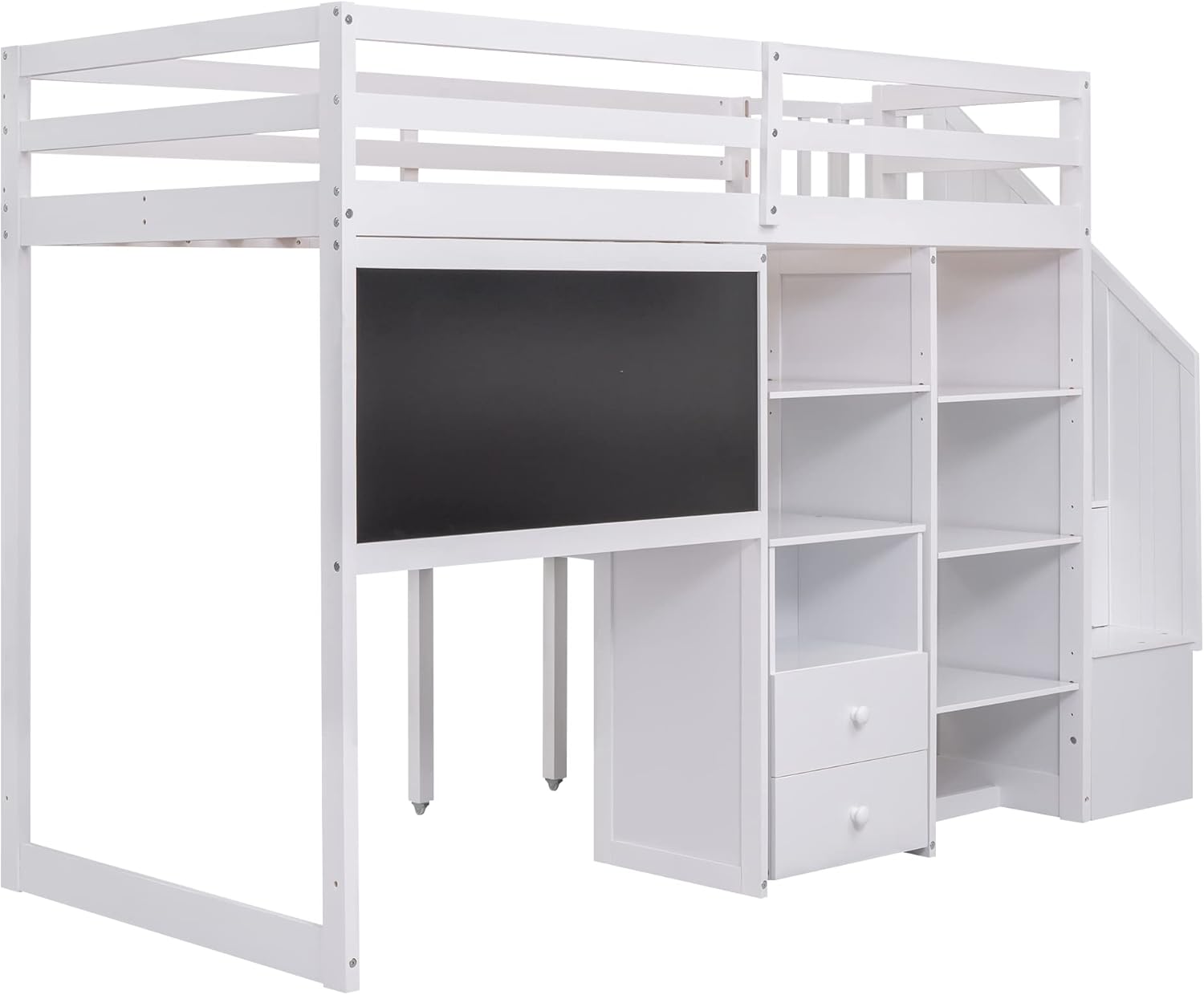 Harper & Bright Designs Twin Size Loft Bed with Stairs and Desk, Solid Wood Loft Bed with Storage Shelves and Blackboard, for Bedroom Dorm Boys Girls Adults (Twin, White)