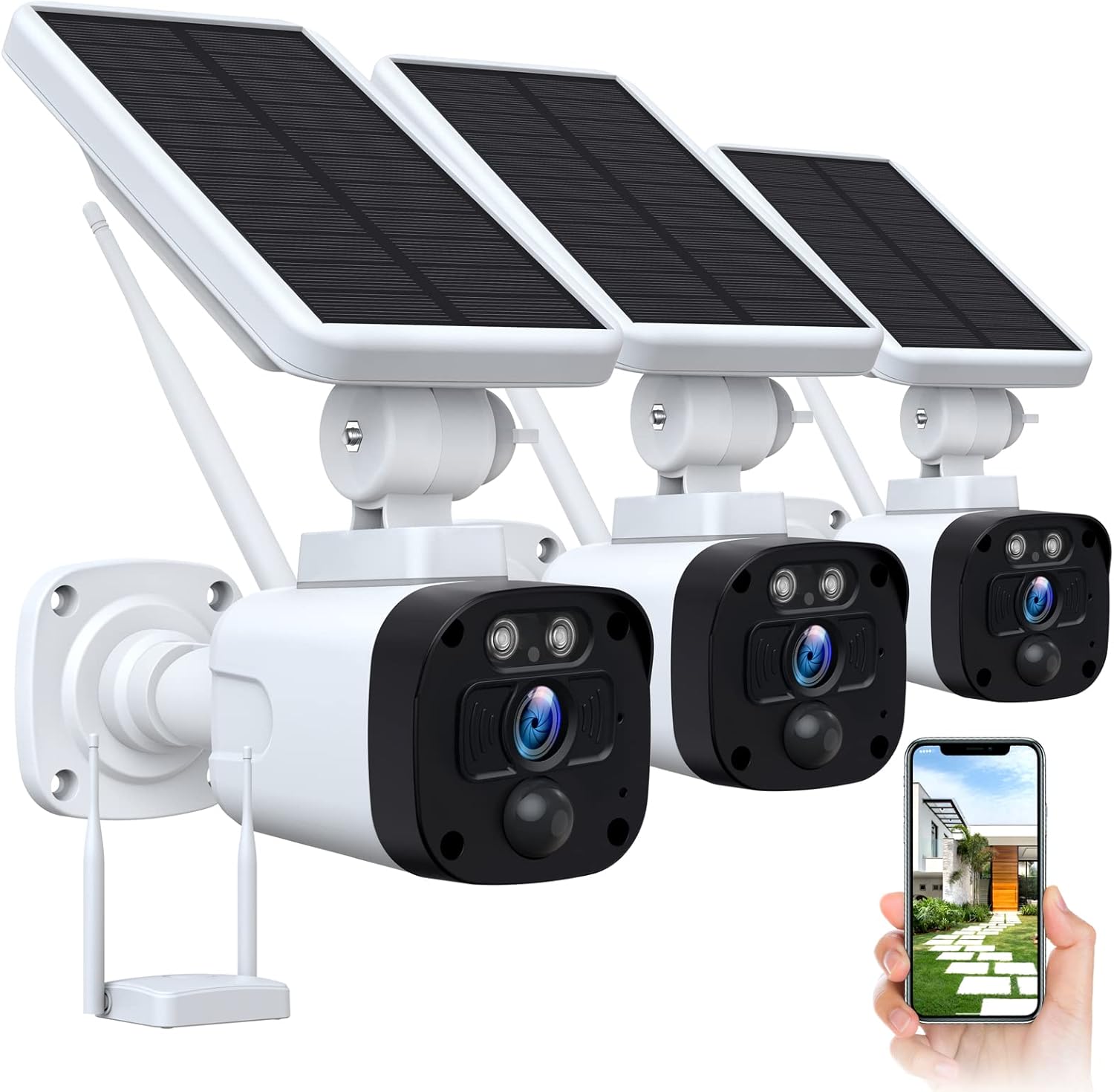 3MP Solar Security Camera System Wireless Outdoor for Home Surveillance, 4 Cameras Security System Solar Powered with Base Station, 2-Way Audio, PIR Motion Detection, Night Vision, IP65 Waterproof