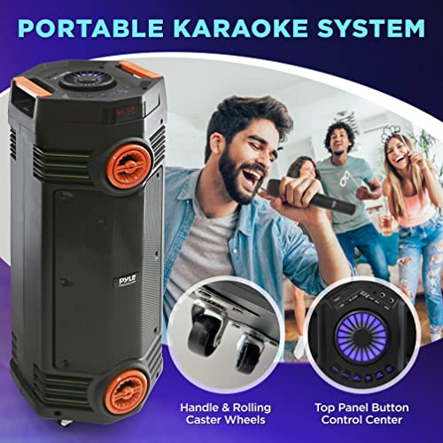 Pyle Portable Bluetooth PA Speaker - 300W Dual 6.5” Rechargeable Indoor/Outdoor BT Karaoke Audio System-Party Lights,LED Display,FM/AUX/MP3/USB/SD, 1/4" in, Handle, Wheels-Wireless Mic, Remote Control