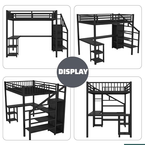 Full Size Loft Bed with Desk and Stairs,Metal Gaming Loft Bed Full with Wardrobe and Shelf, High Loft Bed with LED & USB Charging Station for Teens, Adults, Space Saving Design,Black