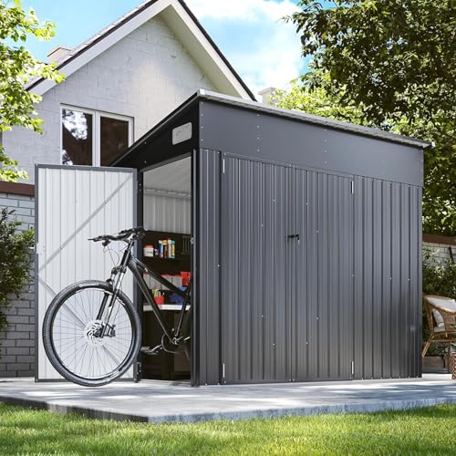 8'x4' Shed Galvanized Steel Storage Sheds with Triple Doors Weatherproof Outdoor Utility Sheds, Dual Lock Lean to Shed with Sloped Roof for Mower, Bike, Generator, Garden Tools (Black)
