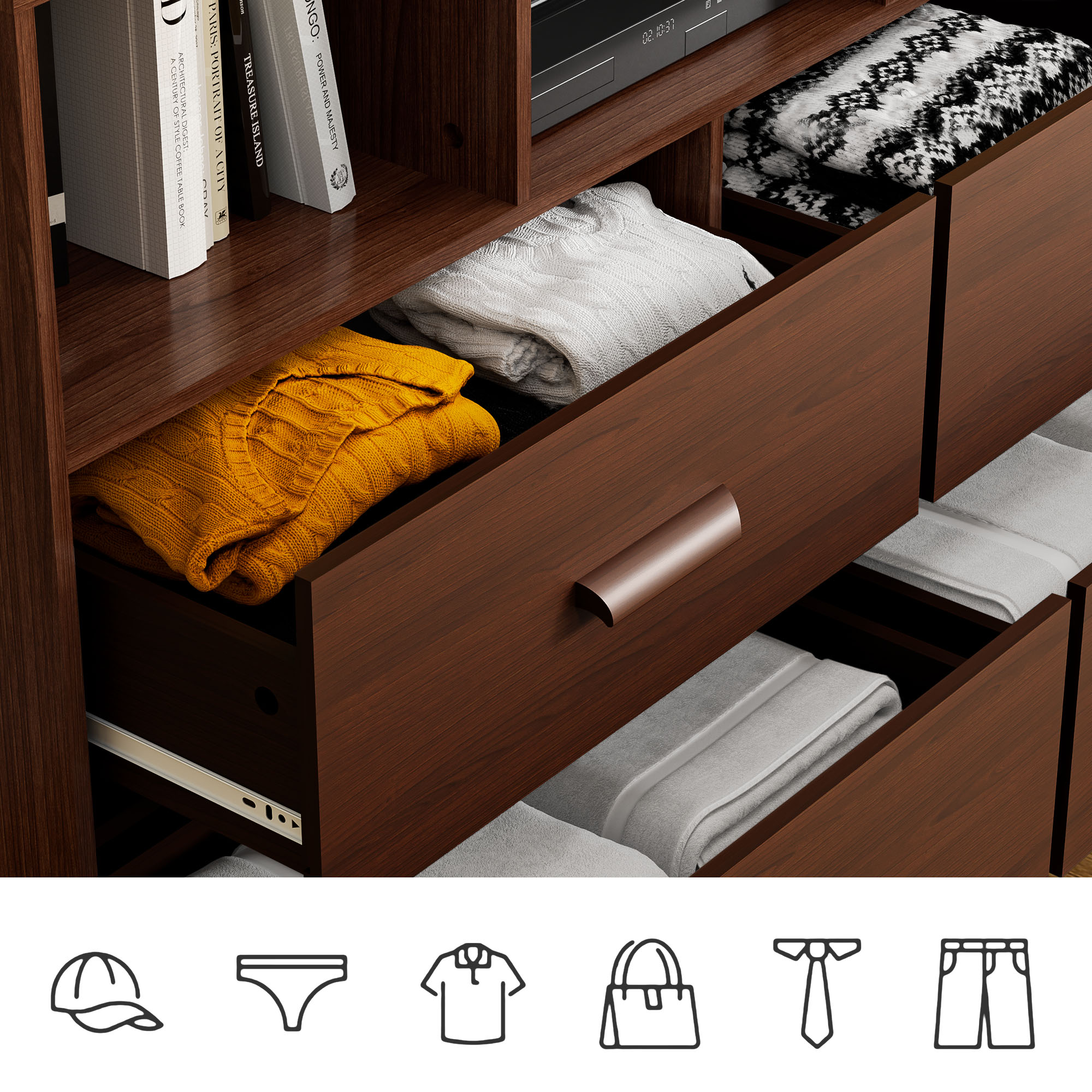 Cozy Castle Dresser Chest for Bedroom, 4 Drawers Chest with 3 Open Shelves, Wood Dresser Drawer Organizers for Kids Bedroom, Mid-Century Modern Dresser for Bedroom, Living Room, White and Brown