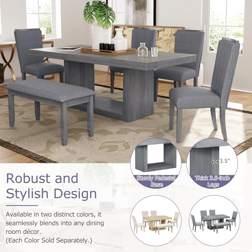 Merax 6-piece Dining Table Set of 4 Upholstered Chairs & 1 Bench Farmhouse Kitchen Furniture Sets with 78inch Extendable Pedestal, Removable Leaf & Natural Rubber Wood Grain Pattern Tabletop, Beige