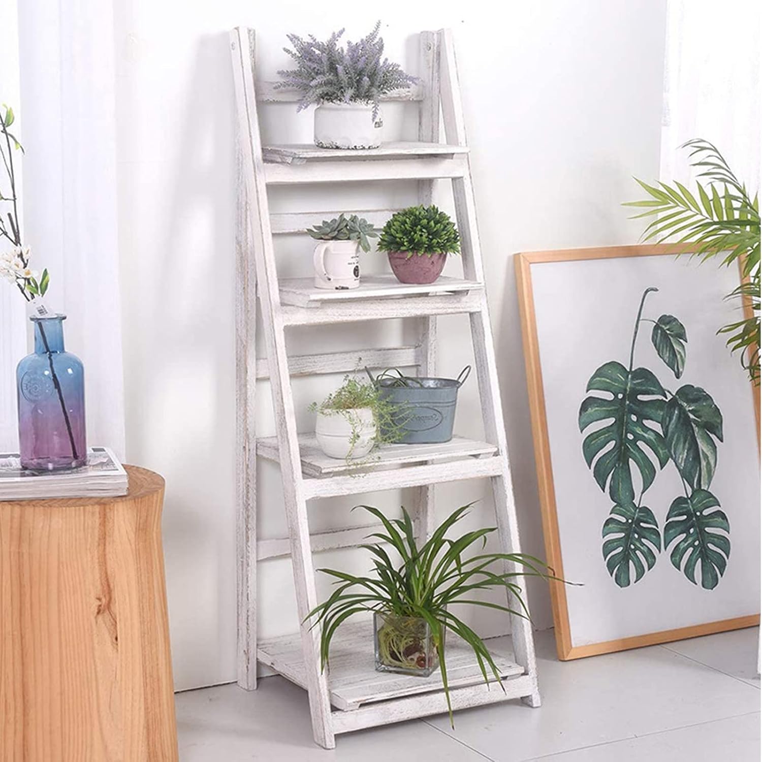Foldable Ladder Shelf,Plant Stand, Flower Pot Stand,Patio Rustic Wood Stand with Shelves,4 Tier Stand,for Outdoor