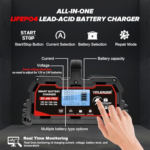 Battery Charger 40A, 12V/24V Lead Acid Smart Battery Charger, 12V LiFePO4 Car Battery Trickle Charger, Automatic Battery Maintainer for Car Motorcycle Lawn Mower Marine Boat Lead Acid Batteries