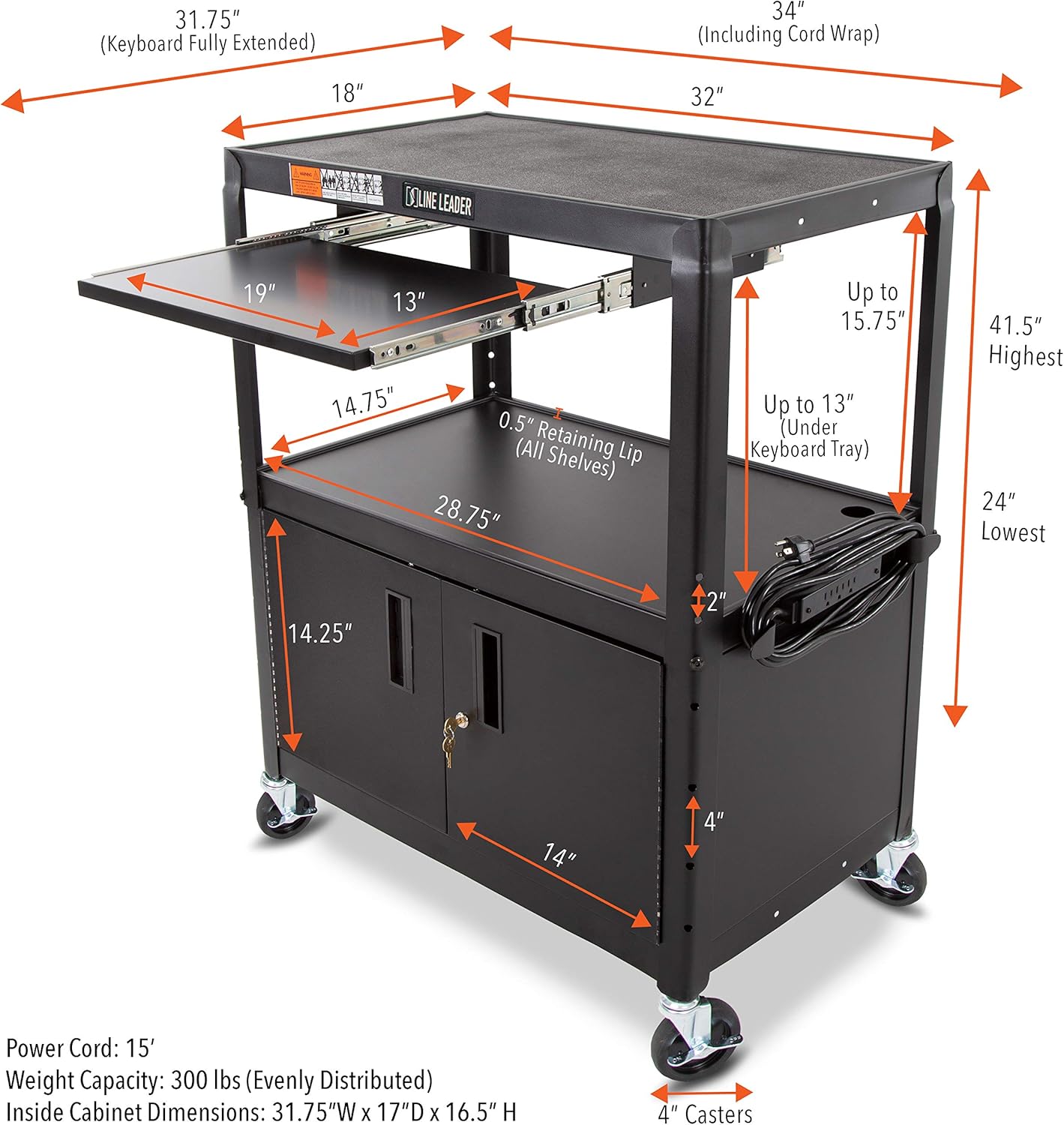 Line Leader Large AV Cart with Locking Cabinet | Height Adjustable Utility Cart | Includes Pullout Keyboard Tray & Cord Management | Easy Assembly (32in x 18in x 42in / Black)