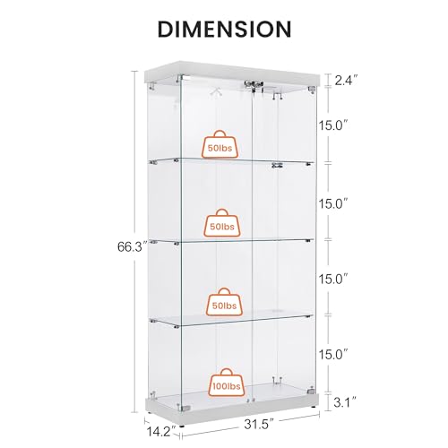 Glass Display Cabinet with LED Lights, Glass Curio Cabinets with Double Doors, Locking Glass Cabinet Display Case for Home, Office, Clinic, Pantry, Assemble Required (Black)