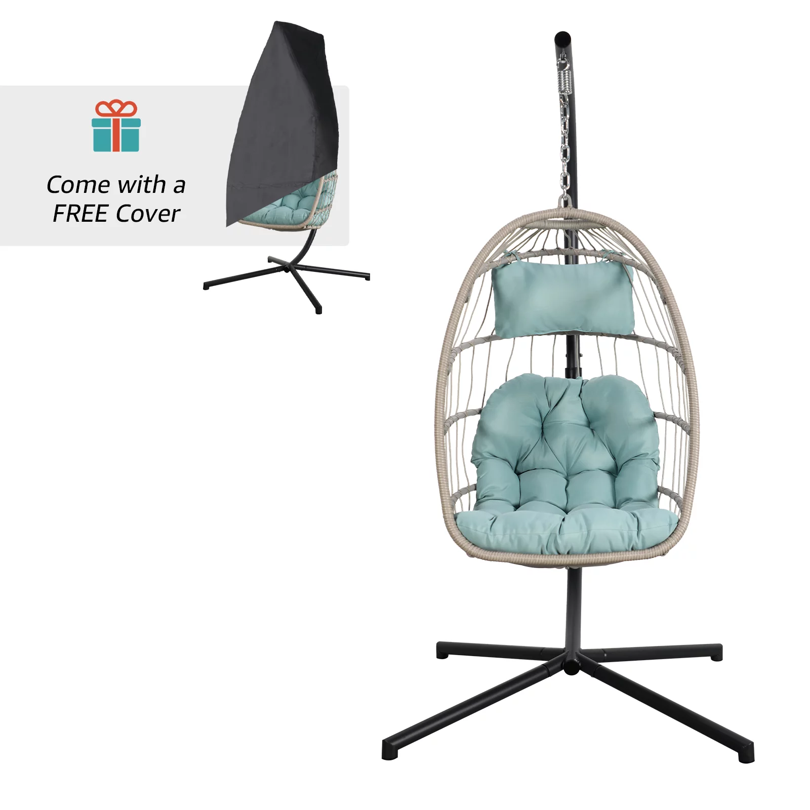 OC Orange-Casual Egg Chair with Stand and Cover, Patio Wicker Hanging Swing Chair, Indoor & Outdoor, Baby Blue