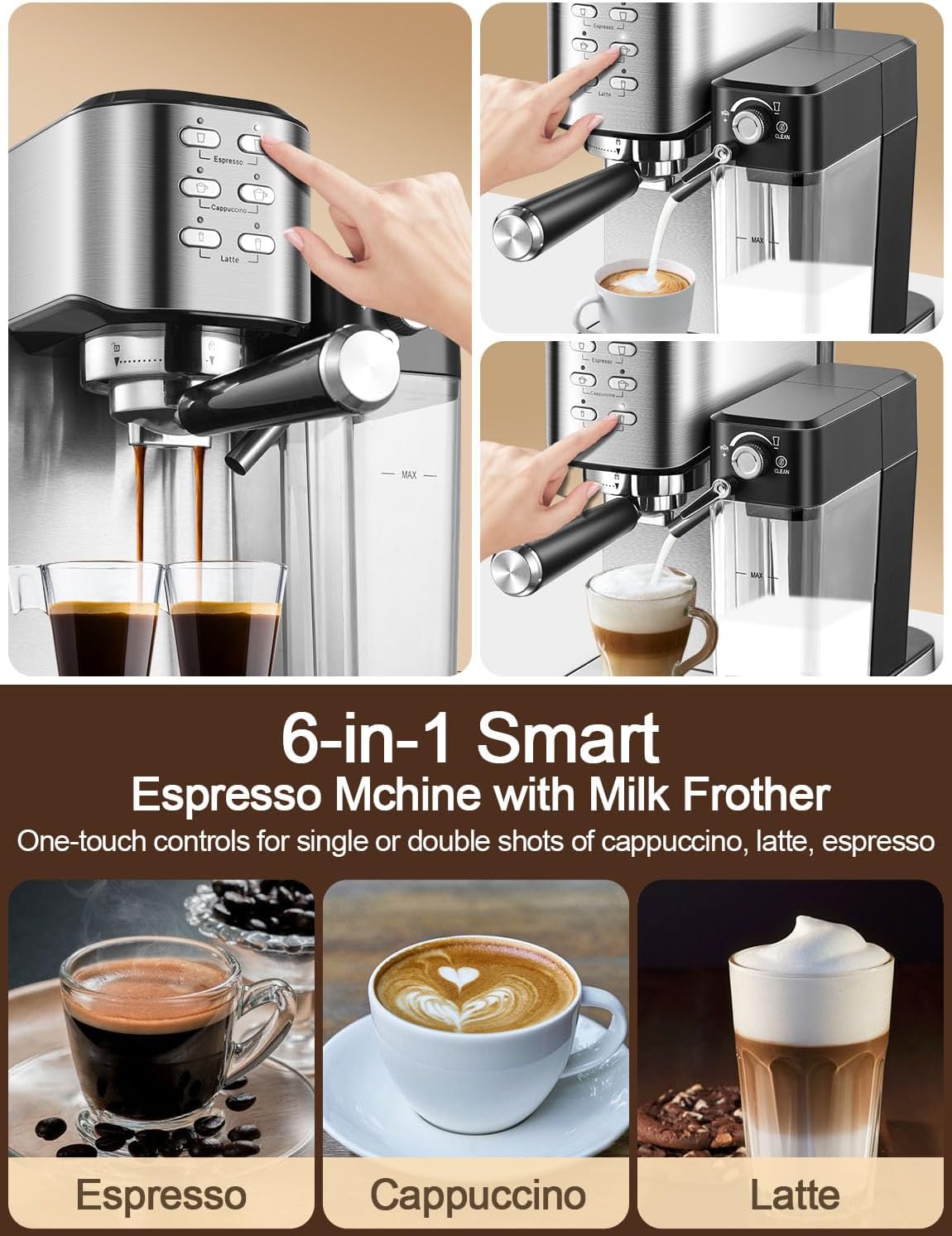 Espresso Machine 20 Bar, 6 in 1 Espresso Coffee Machine Built In Milk Frother for Espresso, Cappuccino and latte with 1000ML Water Tank, 1350W
