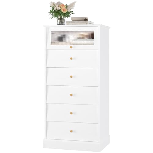 finetones 6 Drawer Dresser Black Dresser, 48.7'' Tall Black Dresser Chest of Drawers, Black and Gold Dresser with Glass Drawer, Gold Dresser Modern Dresser for Home Office